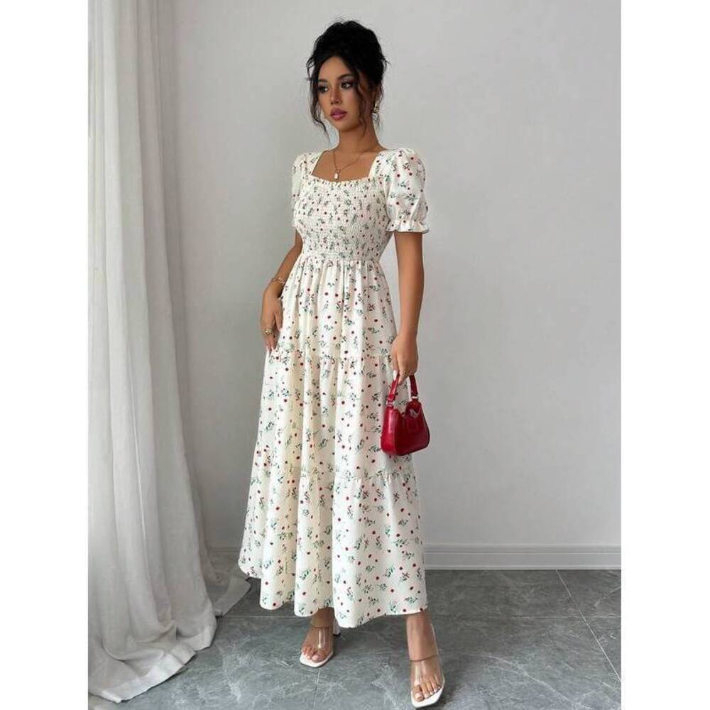 Elenzga Floral Square Collar Cinched Waist A-Line Pa - Picture 4 of 7